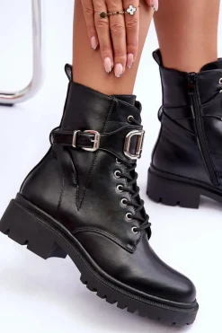 Clearance Modne Botki Workery Z Ozdobą Czarne Ollia Damskie Botki Sznurowane|Czarne Botki