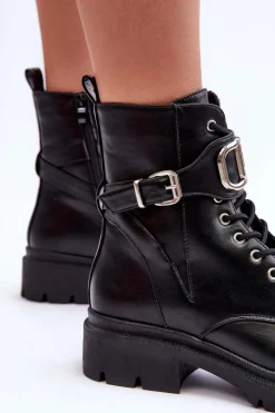 Clearance Modne Botki Workery Z Ozdobą Czarne Ollia Damskie Botki Sznurowane|Czarne Botki