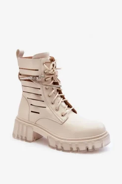 Sale Modne Botki Workery Z Ozdobnym Paseczkiem Beżowe Rocky Damskie Botki Wiosenne|Botki Sznurowane