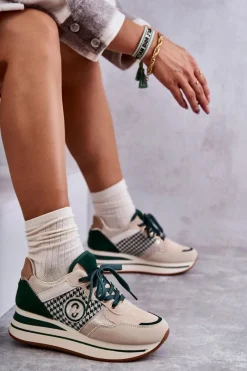 Sneakersy Damskie>Boto Modne Buty Sportowe Damskie Na Koturnie Beżowo-Zielone Aronne