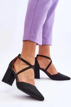 Best Boto Modne Błyszczące Czółenka Na Słupku Czarne Galaxy