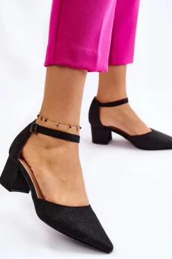 Sale Modne Błyszczące Czółenka Na Niskim Obcasie Czarne Leilany Damskie Czółenka Na Słupku|Czółenka Klasyczne