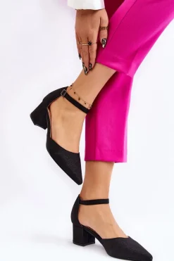 Sale Modne Błyszczące Czółenka Na Niskim Obcasie Czarne Leilany Damskie Czółenka Na Słupku|Czółenka Klasyczne