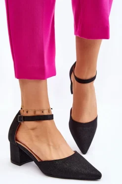 Sale Modne Błyszczące Czółenka Na Niskim Obcasie Czarne Leilany Damskie Czółenka Na Słupku|Czółenka Klasyczne