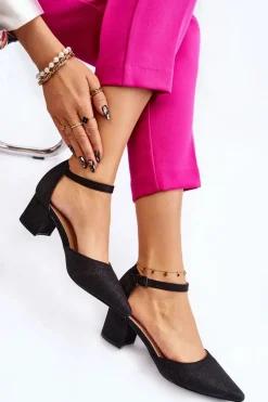 Sale Modne Błyszczące Czółenka Na Niskim Obcasie Czarne Leilany Damskie Czółenka Na Słupku|Czółenka Klasyczne