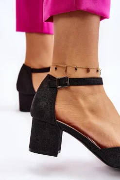 Sale Modne Błyszczące Czółenka Na Niskim Obcasie Czarne Leilany Damskie Czółenka Na Słupku|Czółenka Klasyczne