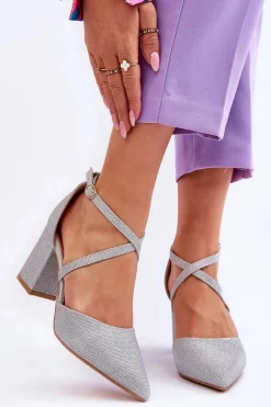 Outlet Modne Błyszczące Czółenka Na Słupku Srebrne Galaxy Damskie Czółenka Na Słupku|Czółenka Klasyczne