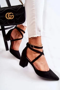 Discount Modne Czółenka Na Niskim Słupku Czarne Crissa Damskie Czółenka Zamszowe|Czółenka Na Słupku