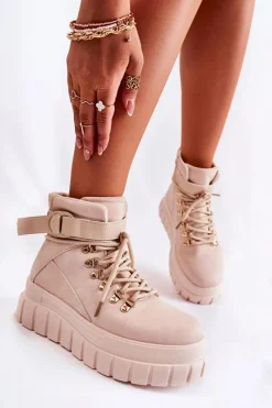 Outlet Modne Damskie Botki Na Platformie Z Paskiem Jasnobeżowe La Blanca Damskie Botki Zimowe Damskie|Brązowe I Beżowe Botki