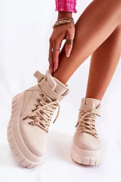 Outlet Modne Damskie Botki Na Platformie Z Paskiem Jasnobeżowe La Blanca Damskie Botki Zimowe Damskie|Brązowe I Beżowe Botki