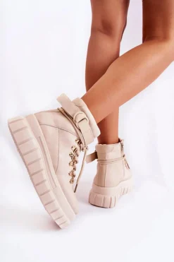Outlet Modne Damskie Botki Na Platformie Z Paskiem Jasnobeżowe La Blanca Damskie Botki Zimowe Damskie|Brązowe I Beżowe Botki