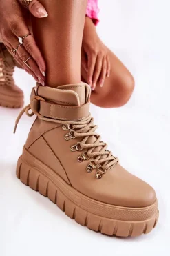 Sale Boto Modne Damskie Botki Na Platformie Z Paskiem Beżowe La Blanca