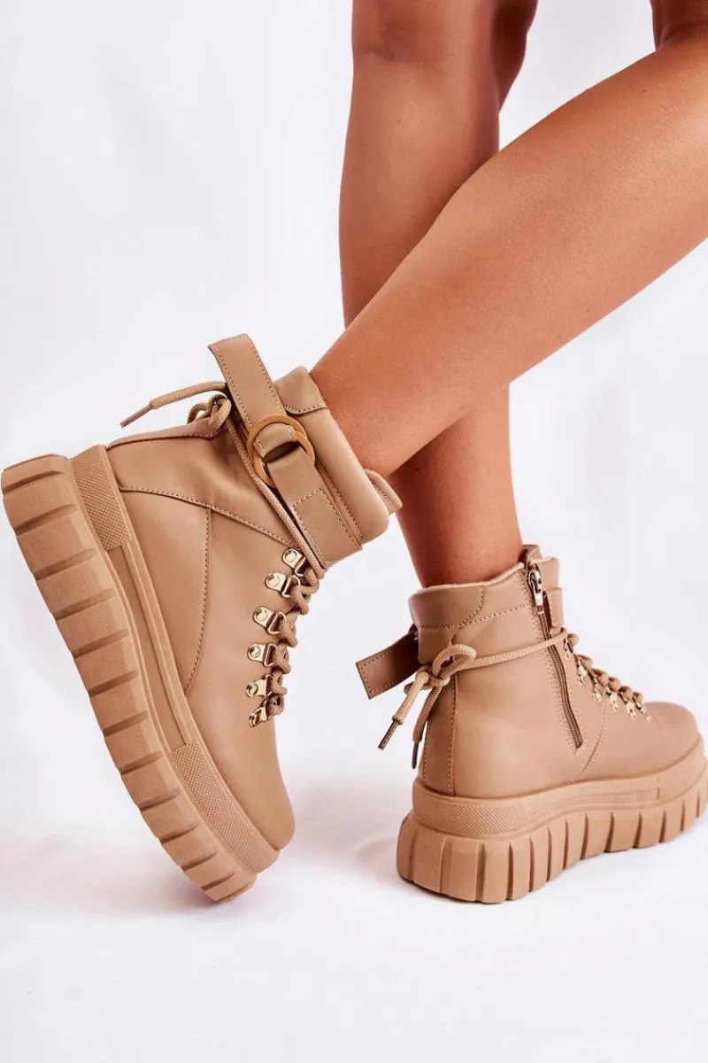 Sale Boto Modne Damskie Botki Na Platformie Z Paskiem Beżowe La Blanca