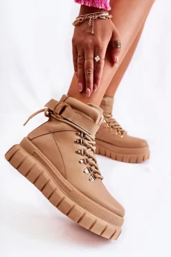 Sale Boto Modne Damskie Botki Na Platformie Z Paskiem Beżowe La Blanca