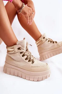 Botki Zimowe Damskie|Brązowe I Beżowe Botki><noscript><img width=