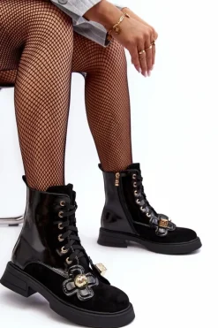 Best Damskie buty S.Barski Modne Damskie Botki Na Suwak Z Ozdobami D&A MR870-76 Czarne Czarny