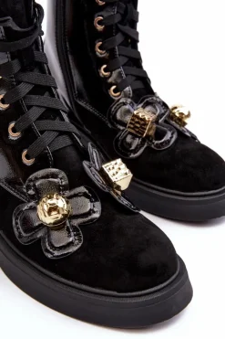 Best Damskie buty S.Barski Modne Damskie Botki Na Suwak Z Ozdobami D&A MR870-76 Czarne Czarny