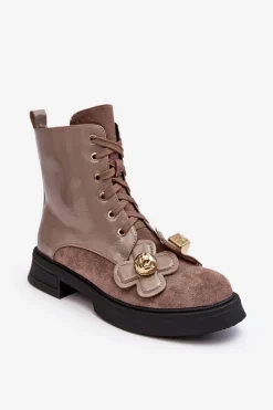 Outlet Modne Damskie Botki Na Suwak Z Ozdobami D&A MR870-76 Szaro-Brązowe Damskie Botki Ocieplane|Botki Sznurowane
