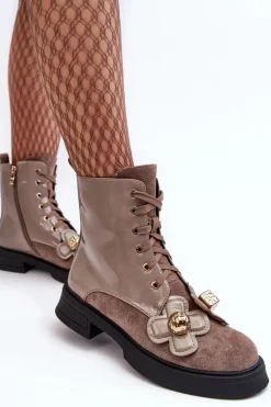 Outlet Modne Damskie Botki Na Suwak Z Ozdobami D&A MR870-76 Szaro-Brązowe Damskie Botki Ocieplane|Botki Sznurowane