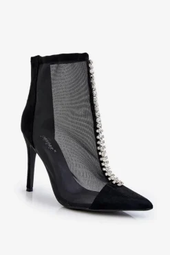 Hot Modne Damskie Botki Na Szpilce Z Siateczką Czarne Rummi Damskie Czarne Botki|Botki Na Obcasie