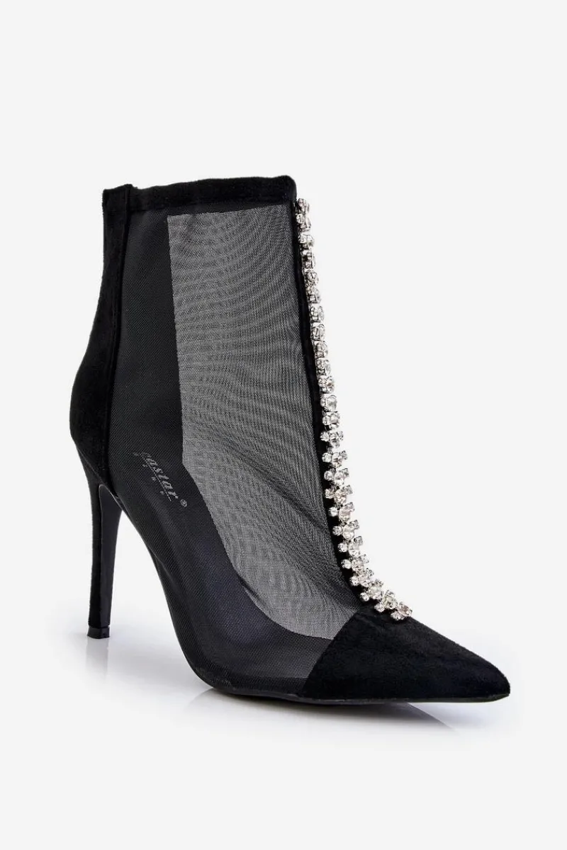 Hot Modne Damskie Botki Na Szpilce Z Siateczką Czarne Rummi Damskie Czarne Botki|Botki Na Obcasie