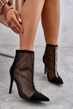 Hot Modne Damskie Botki Na Szpilce Z Siateczką Czarne Rummi Damskie Czarne Botki|Botki Na Obcasie