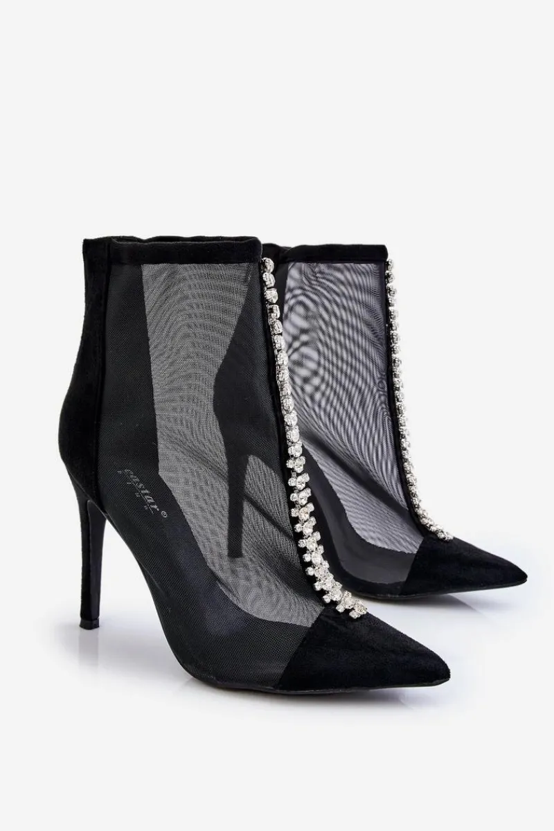 Hot Modne Damskie Botki Na Szpilce Z Siateczką Czarne Rummi Damskie Czarne Botki|Botki Na Obcasie