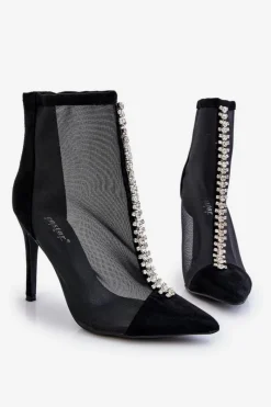 Hot Modne Damskie Botki Na Szpilce Z Siateczką Czarne Rummi Damskie Czarne Botki|Botki Na Obcasie