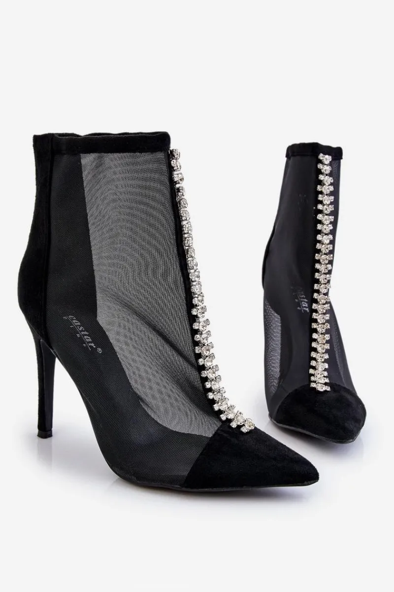 Hot Modne Damskie Botki Na Szpilce Z Siateczką Czarne Rummi Damskie Czarne Botki|Botki Na Obcasie
