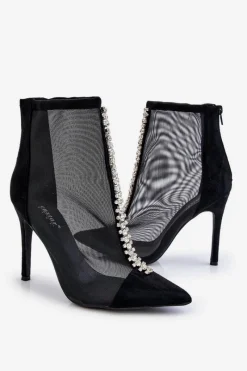 Hot Modne Damskie Botki Na Szpilce Z Siateczką Czarne Rummi Damskie Czarne Botki|Botki Na Obcasie