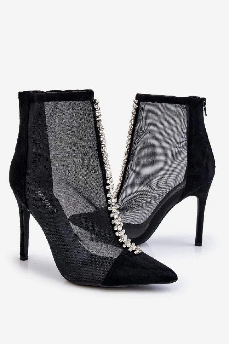 Hot Modne Damskie Botki Na Szpilce Z Siateczką Czarne Rummi Damskie Czarne Botki|Botki Na Obcasie
