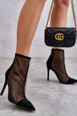 Hot Modne Damskie Botki Na Szpilce Z Siateczką Czarne Rummi Damskie Czarne Botki|Botki Na Obcasie