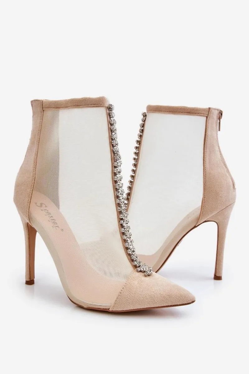 Outlet Modne Damskie Botki Na Szpilce Z Siateczką Beżowe Rummi Damskie Czarne Botki|Botki Na Obcasie