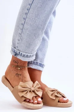 Best Boto Modne Damskie Klapki Z Kokardą Beżowe Estera