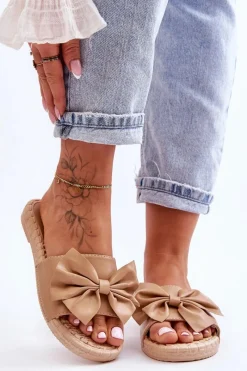 Best Boto Modne Damskie Klapki Z Kokardą Beżowe Estera