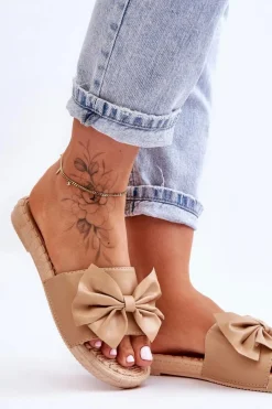 Best Boto Modne Damskie Klapki Z Kokardą Beżowe Estera