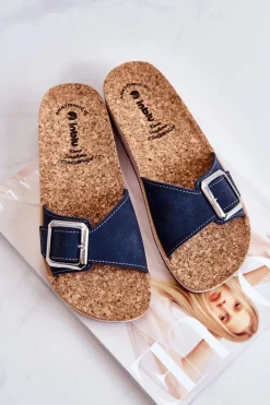 New INBLU Modne Damskie Klapki Ze Sprzączką CP000031 Granatowe