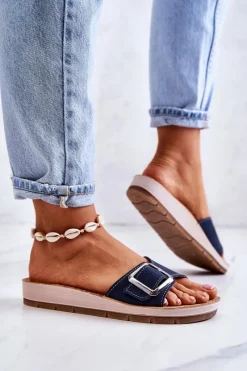 New INBLU Modne Damskie Klapki Ze Sprzączką CP000031 Granatowe