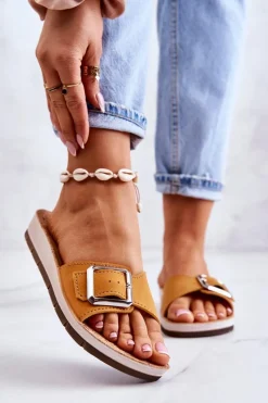 Best INBLU Modne Damskie Klapki Ze Sprzączką CP000031 Żółte