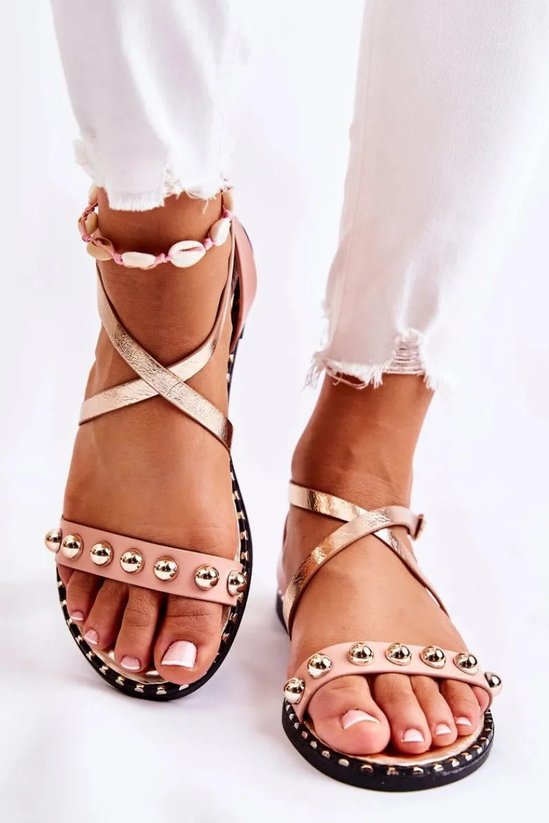 Sandały Płaskie>Boto Modne Damskie Sandały Z Dżetami Różowe Camalisa