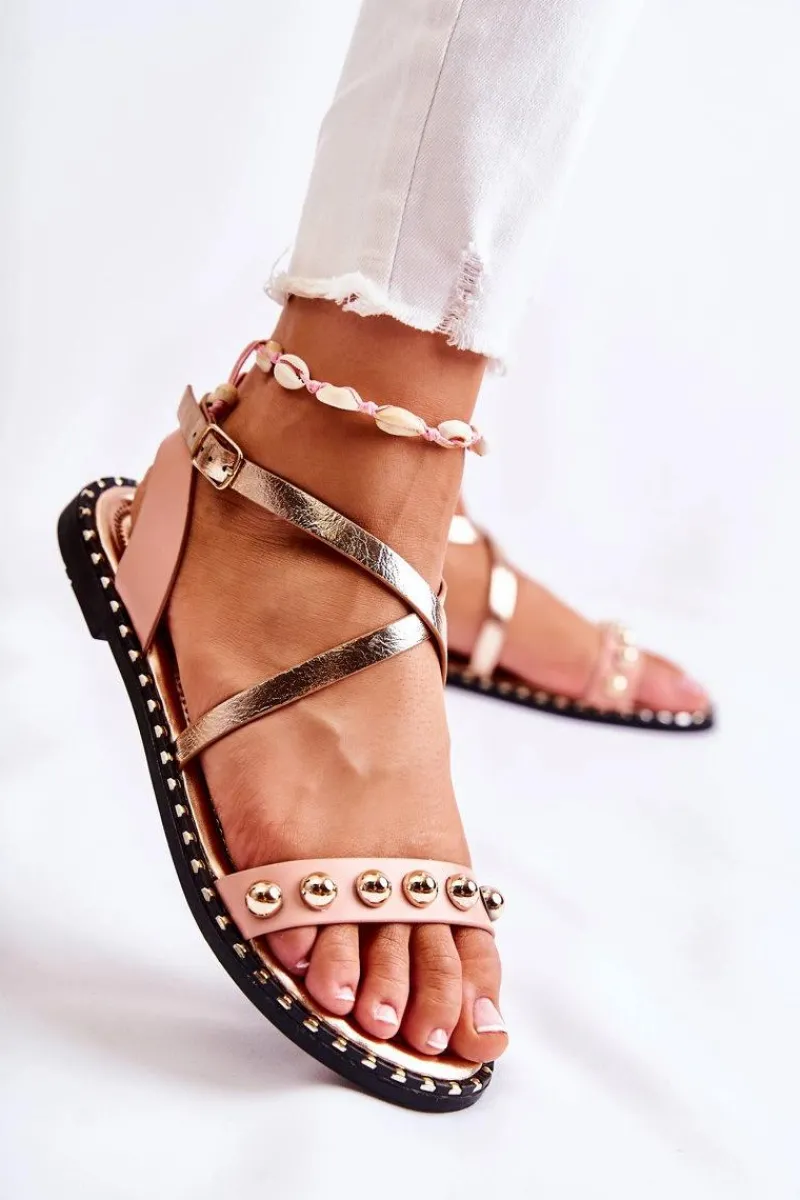 Sandały Płaskie>Boto Modne Damskie Sandały Z Dżetami Różowe Camalisa