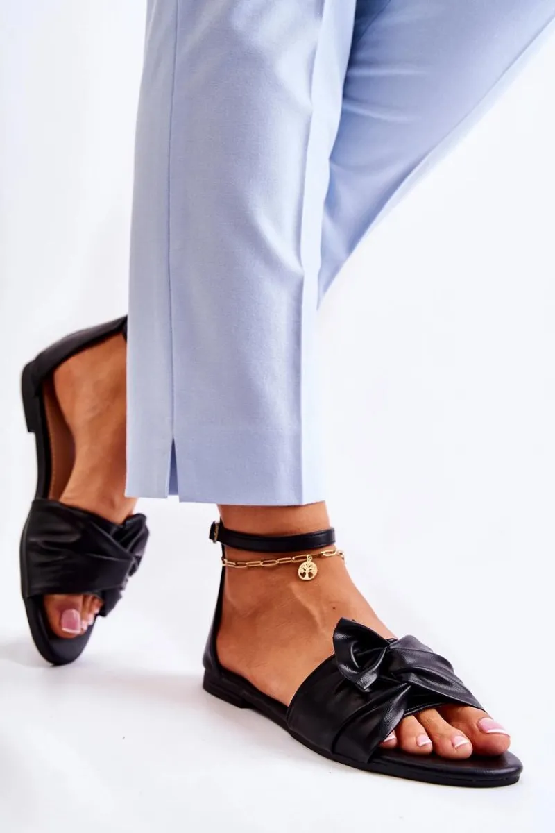 Sandały Płaskie>Evento Modne Damskie Skórzane Sandały Czarne Astana Czarny