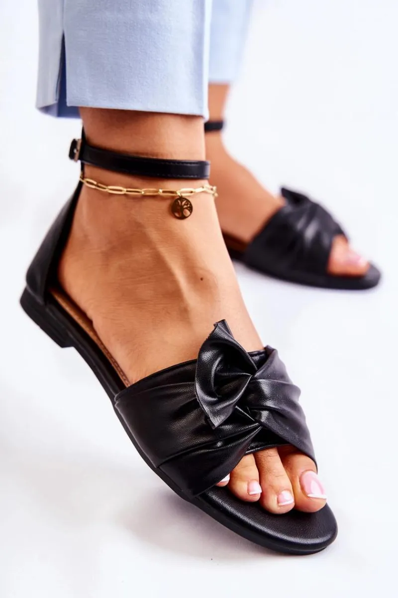 Sandały Płaskie>Evento Modne Damskie Skórzane Sandały Czarne Astana Czarny