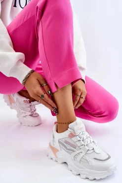 Sneakersy Damskie>Boto Modne Damskie Sneakersy Na Platformie Biało-Różowe Biko