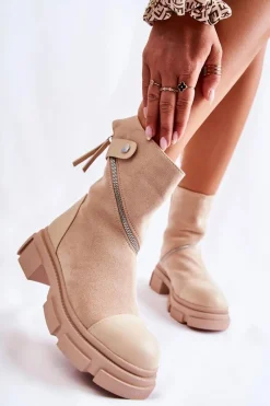 Botki Zimowe Damskie|Brązowe I Beżowe Botki>Boto Modne Damskie Zamszowe Botki Na Suwak Beżowe Kandell