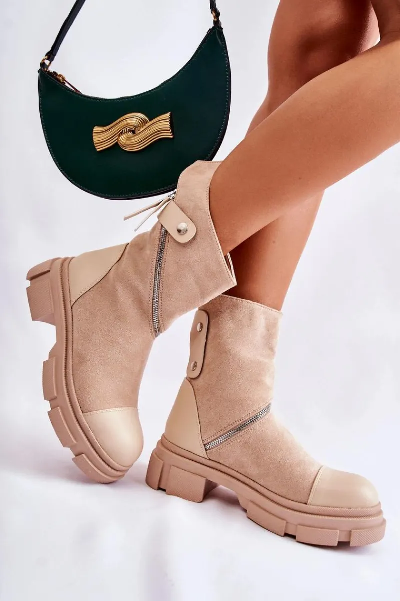 Botki Zimowe Damskie|Brązowe I Beżowe Botki>Boto Modne Damskie Zamszowe Botki Na Suwak Beżowe Kandell