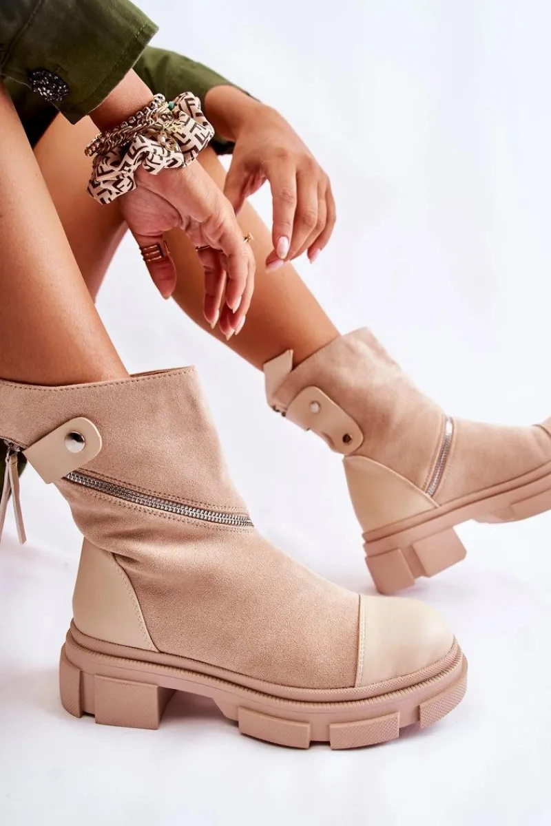 Botki Zimowe Damskie|Brązowe I Beżowe Botki>Boto Modne Damskie Zamszowe Botki Na Suwak Beżowe Kandell