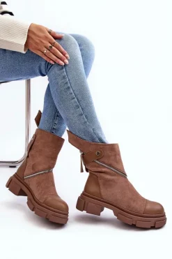 New Boto Modne Damskie Zamszowe Botki Na Suwak Ciemnobeżowe Kandell Beżowy