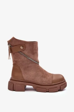 New Boto Modne Damskie Zamszowe Botki Na Suwak Ciemnobeżowe Kandell Beżowy