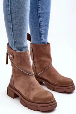 New Boto Modne Damskie Zamszowe Botki Na Suwak Ciemnobeżowe Kandell Beżowy